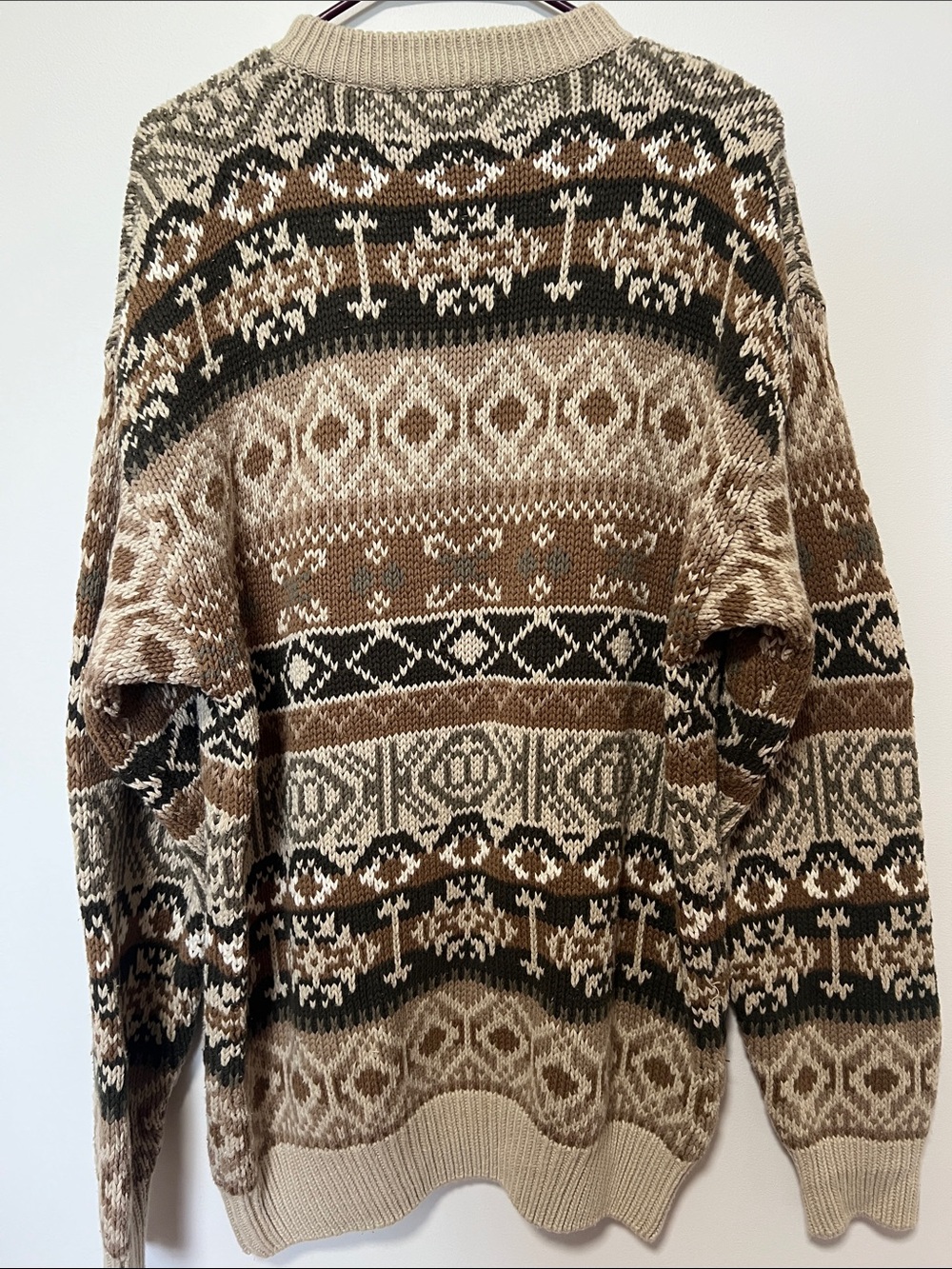 Vintage Grandpa Sweater 100% Cotton Beige & Brown Patterned Crewneck Sweater - Picture 7 of 7